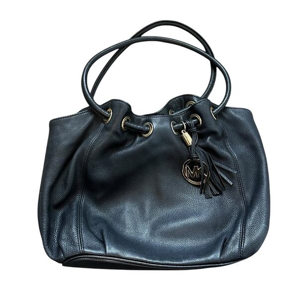 Michael Kors Black Gold-Tone Hardware Tasseled Leather Top Handle Bucket Bag - Picture 3 of 15